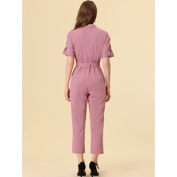 Short Sleeve Collared Cropped Button Down Tie Waist Cotton Cargo Jumpsuit Pink - Picture 4 of 5